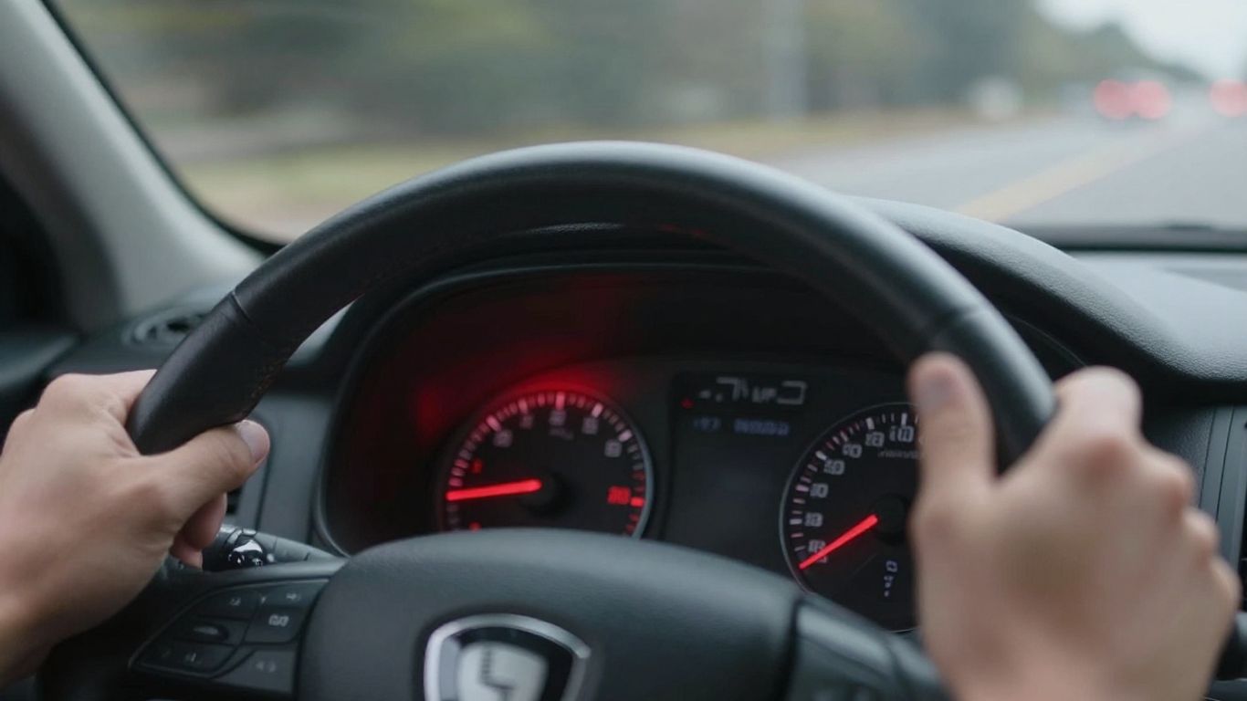 Car dashboard with warning light, driver gripping wheel.
