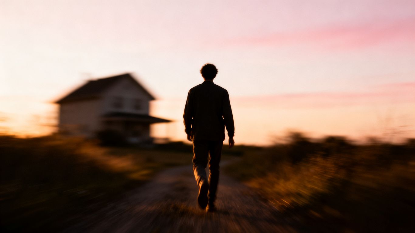 Person walking away from a house, symbolizing moving on.