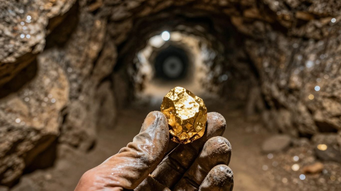 Main d'ouvrier tenant une pépite d'or dans une mine.