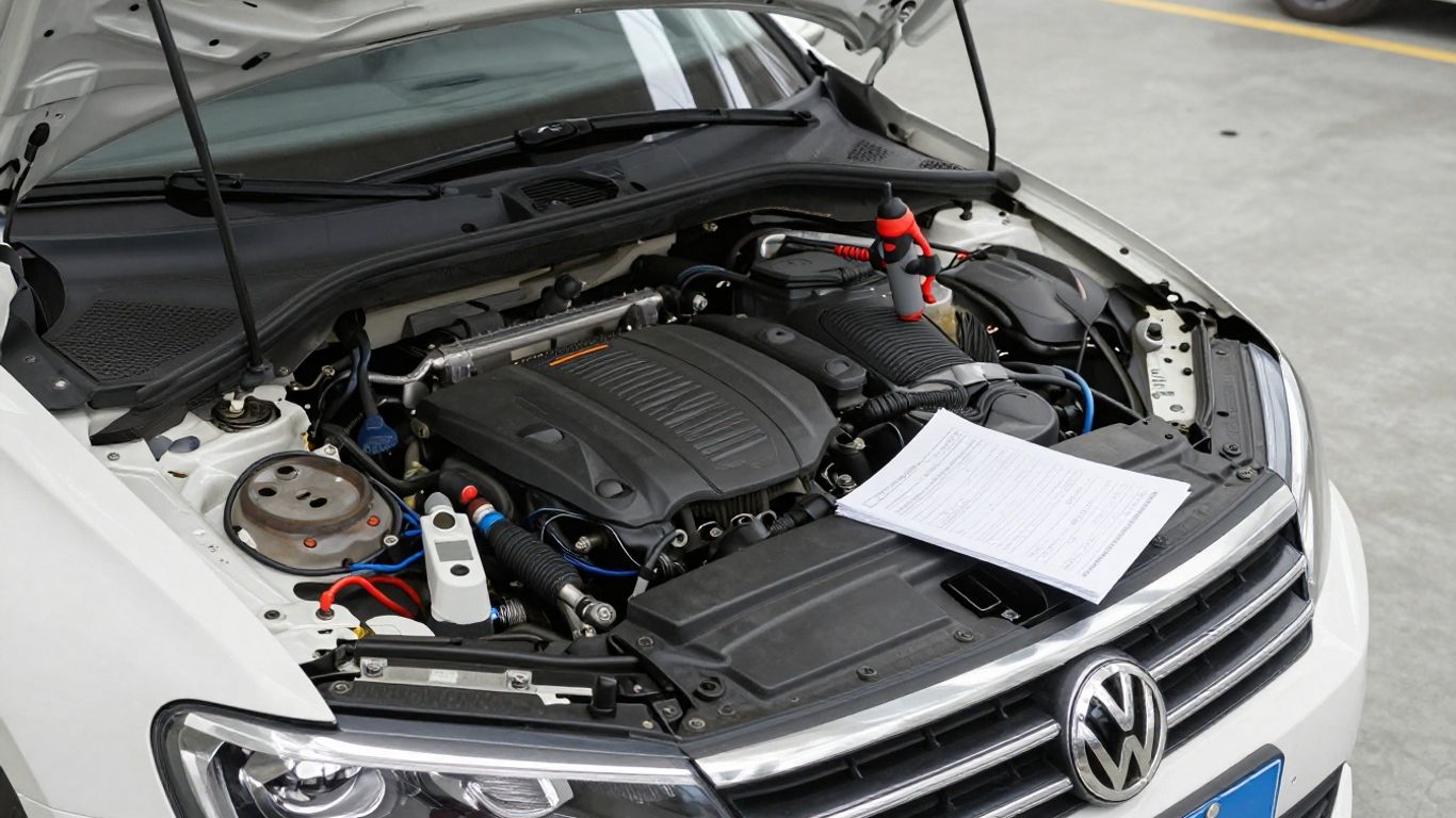 Mechanic checking Volkswagen vehicle identification