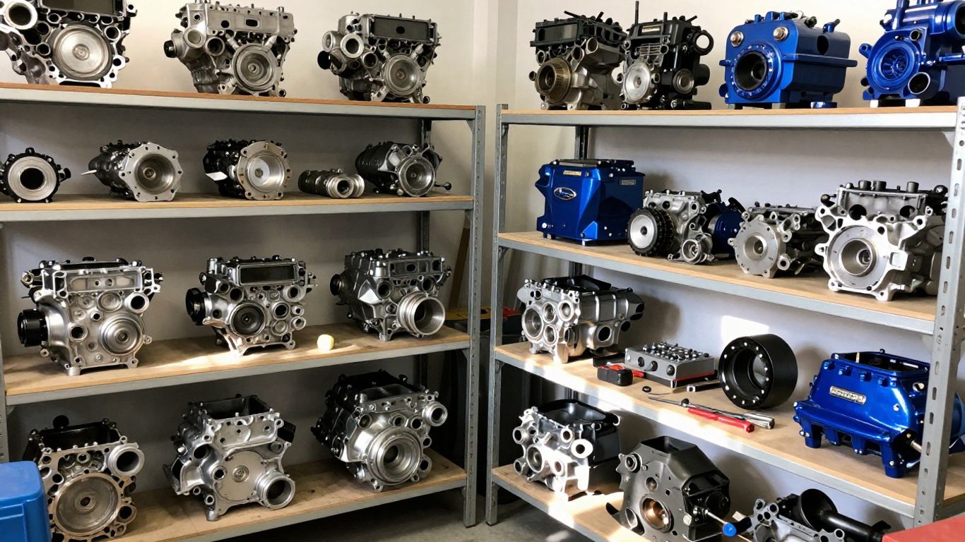 Subaru engines and parts in a workshop.