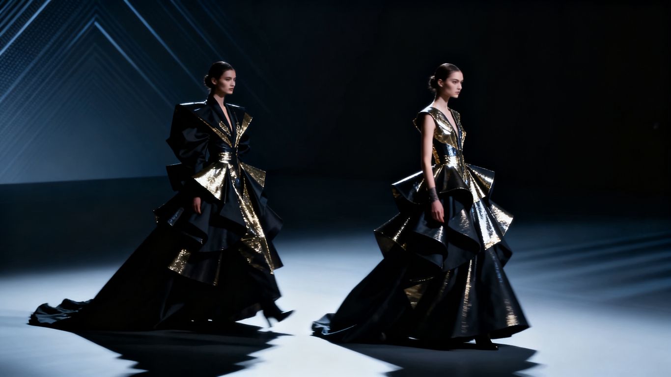 Luxury fashion models on a runway in avant-garde outfits.