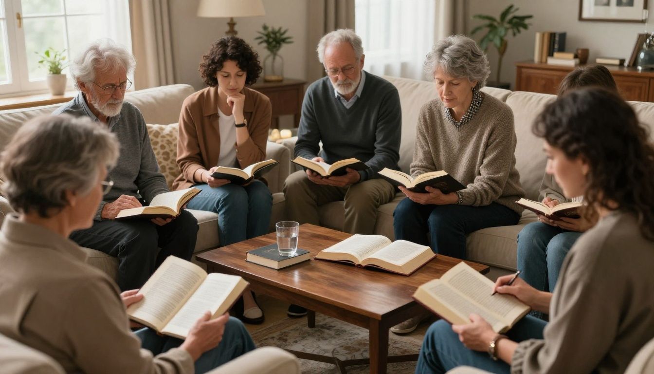 A diverse group of adults gathered in a warmly lit living room, reading Bibles and discussing together, with peaceful and thoughtful expressions.