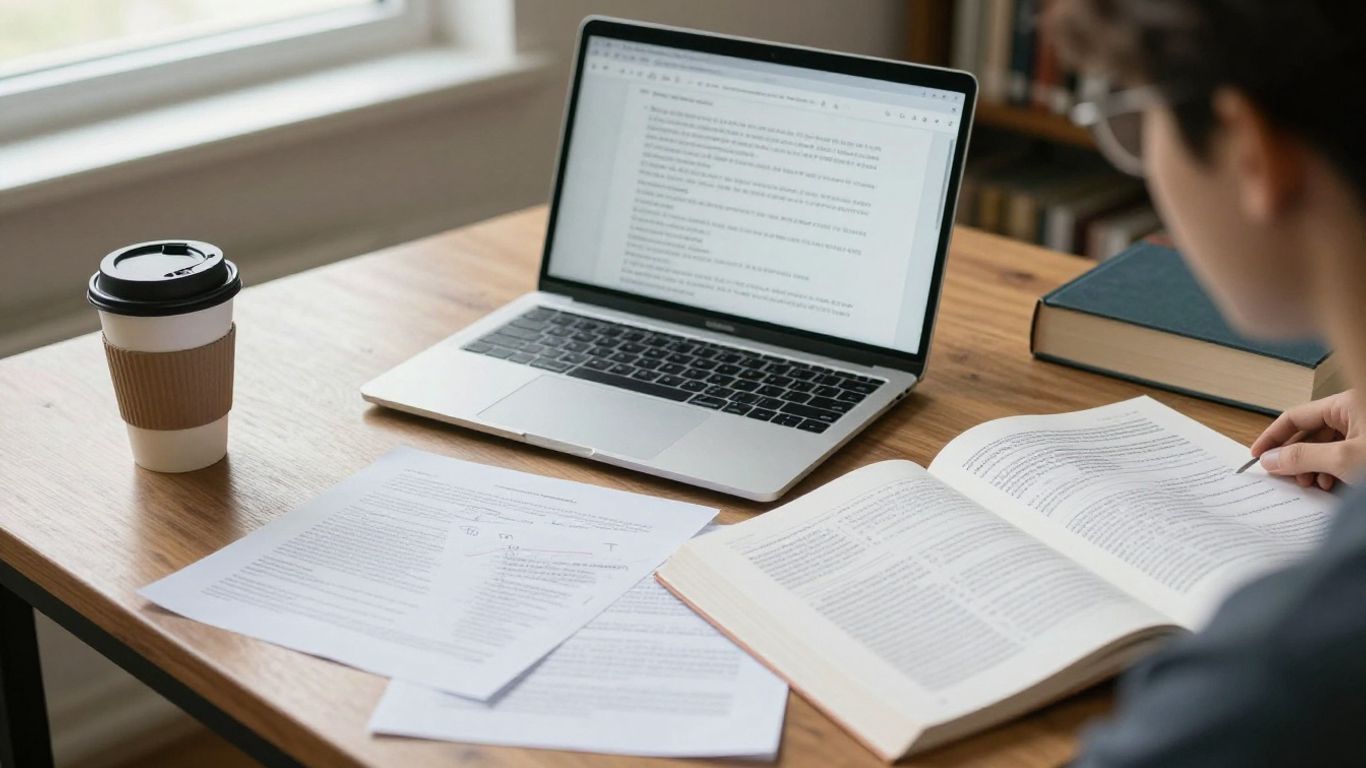 A student reviewing writing on laptop