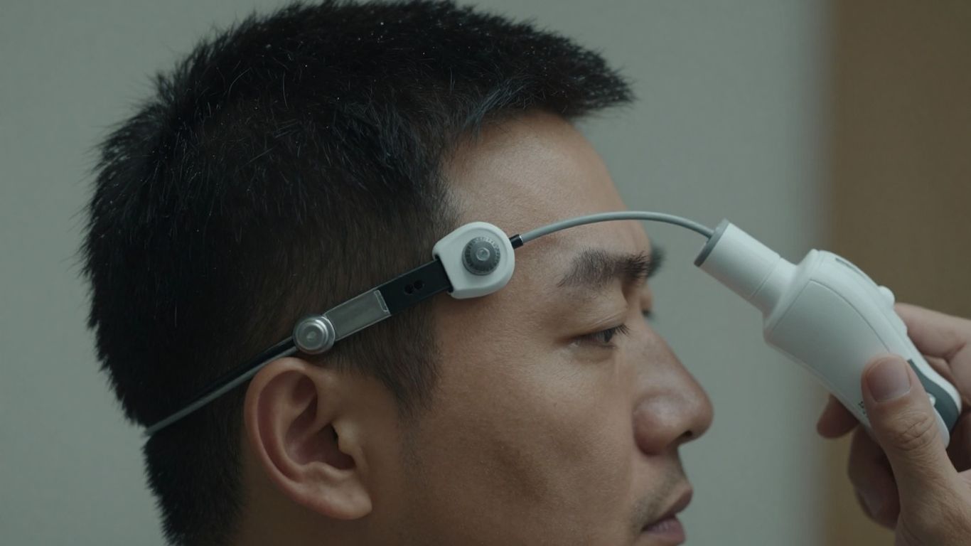 Person undergoing TMS therapy with medical device near head.