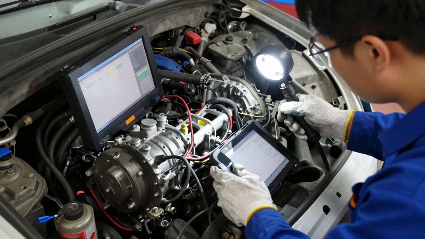 Technician inspecting transmission beneath vehicle