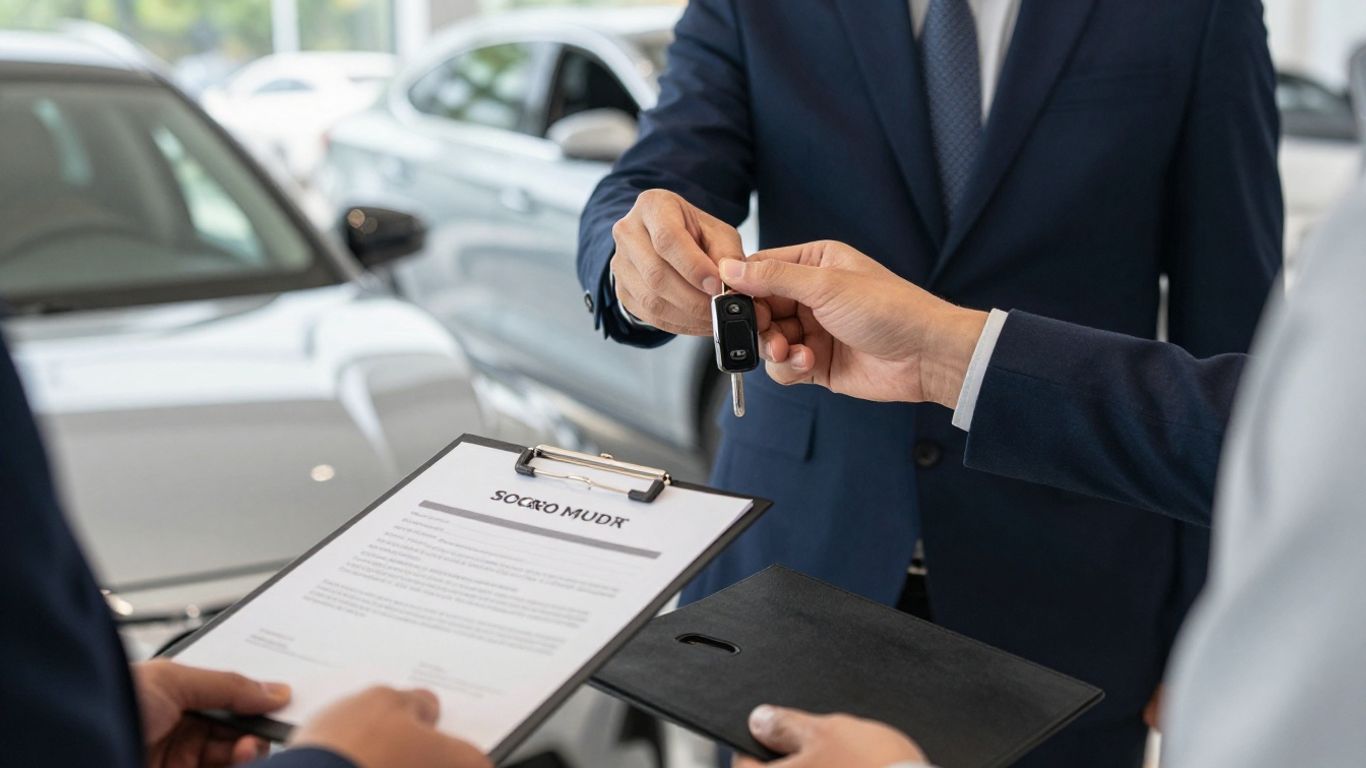 Übergabe eines Autos mit Schlüsseln und Vertrag