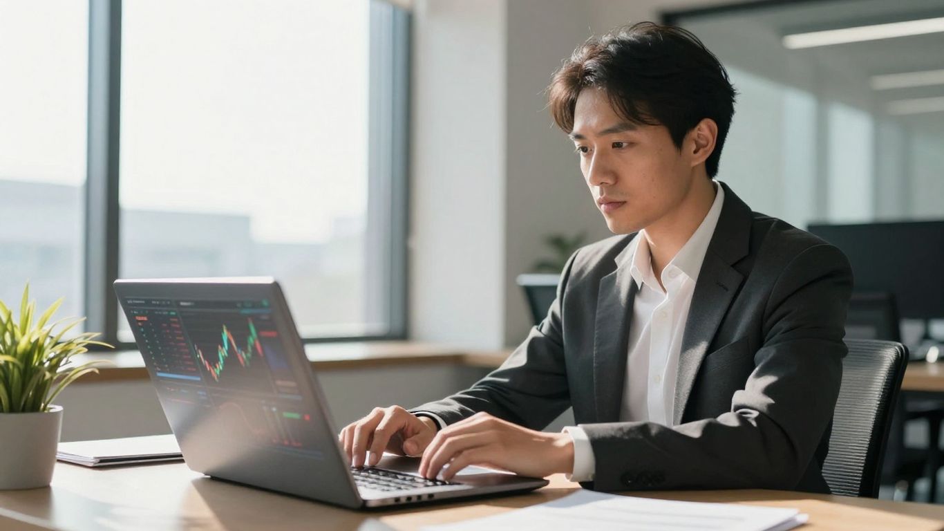 Trader at desk with laptop