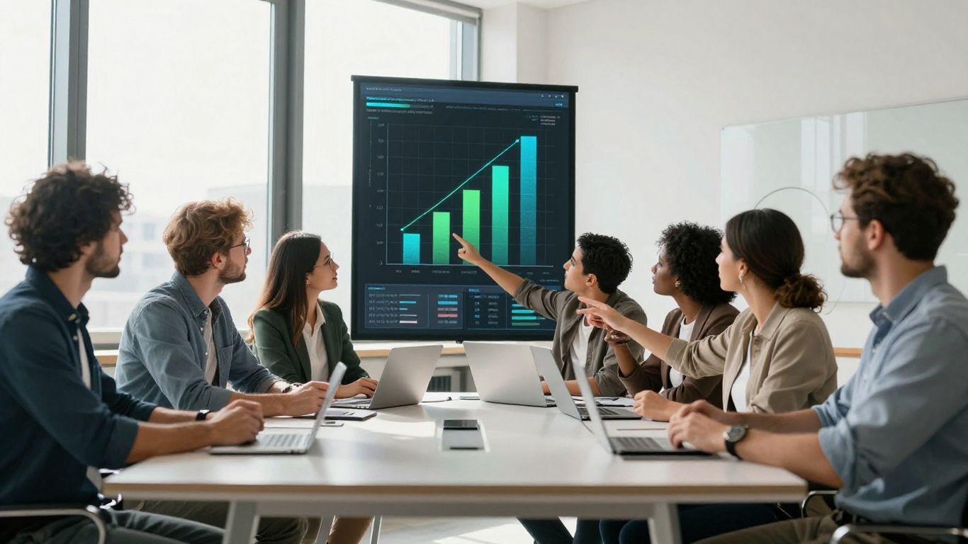 Team discussing sales commission strategy on a digital interface.