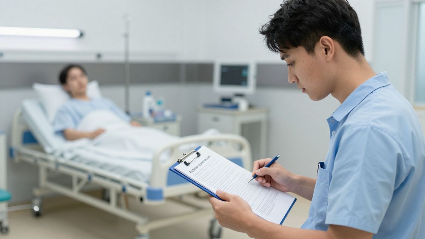Student reviewing nursing documentation in a facility