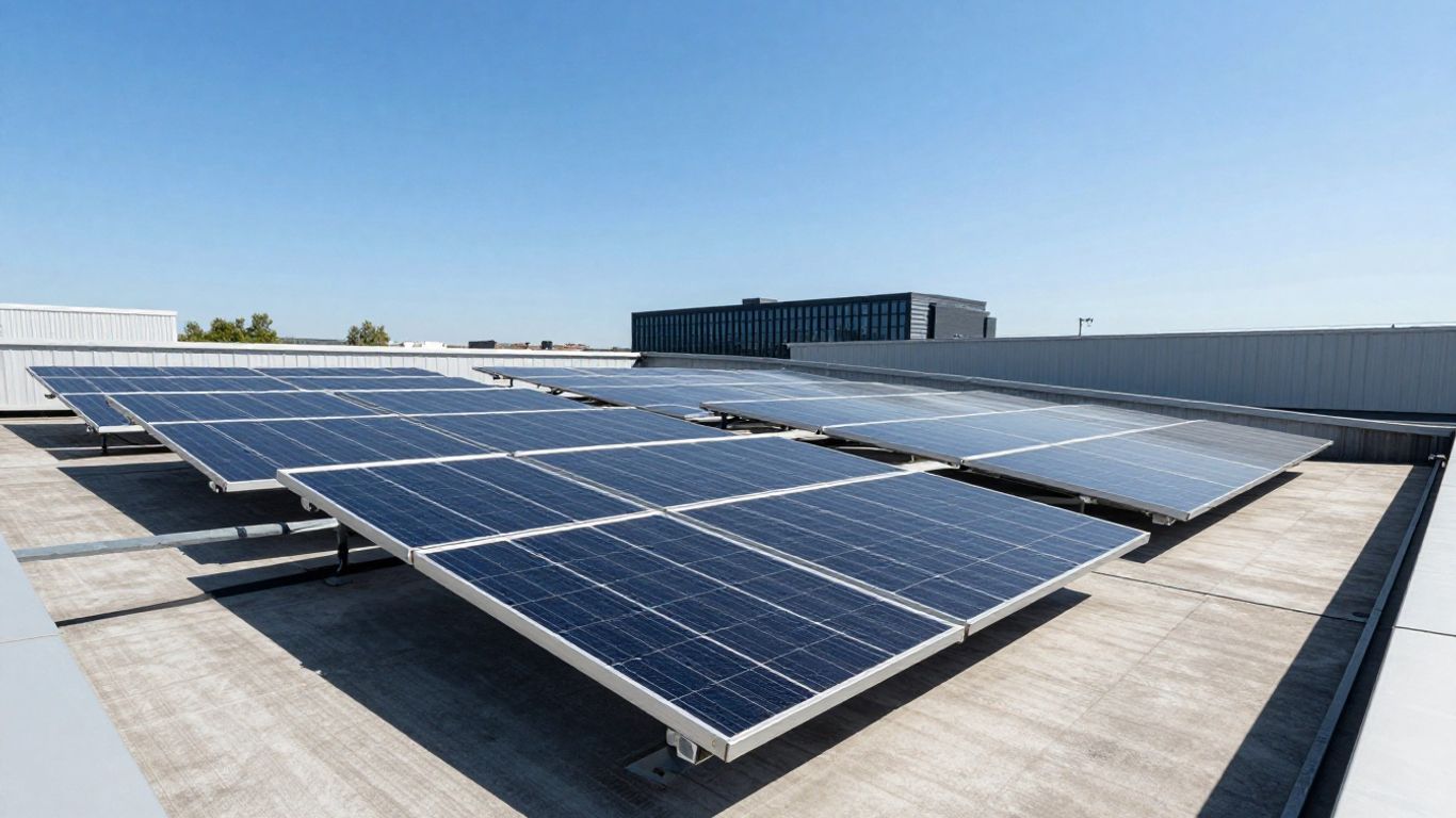 Solar panels on a roof with a blue sky.