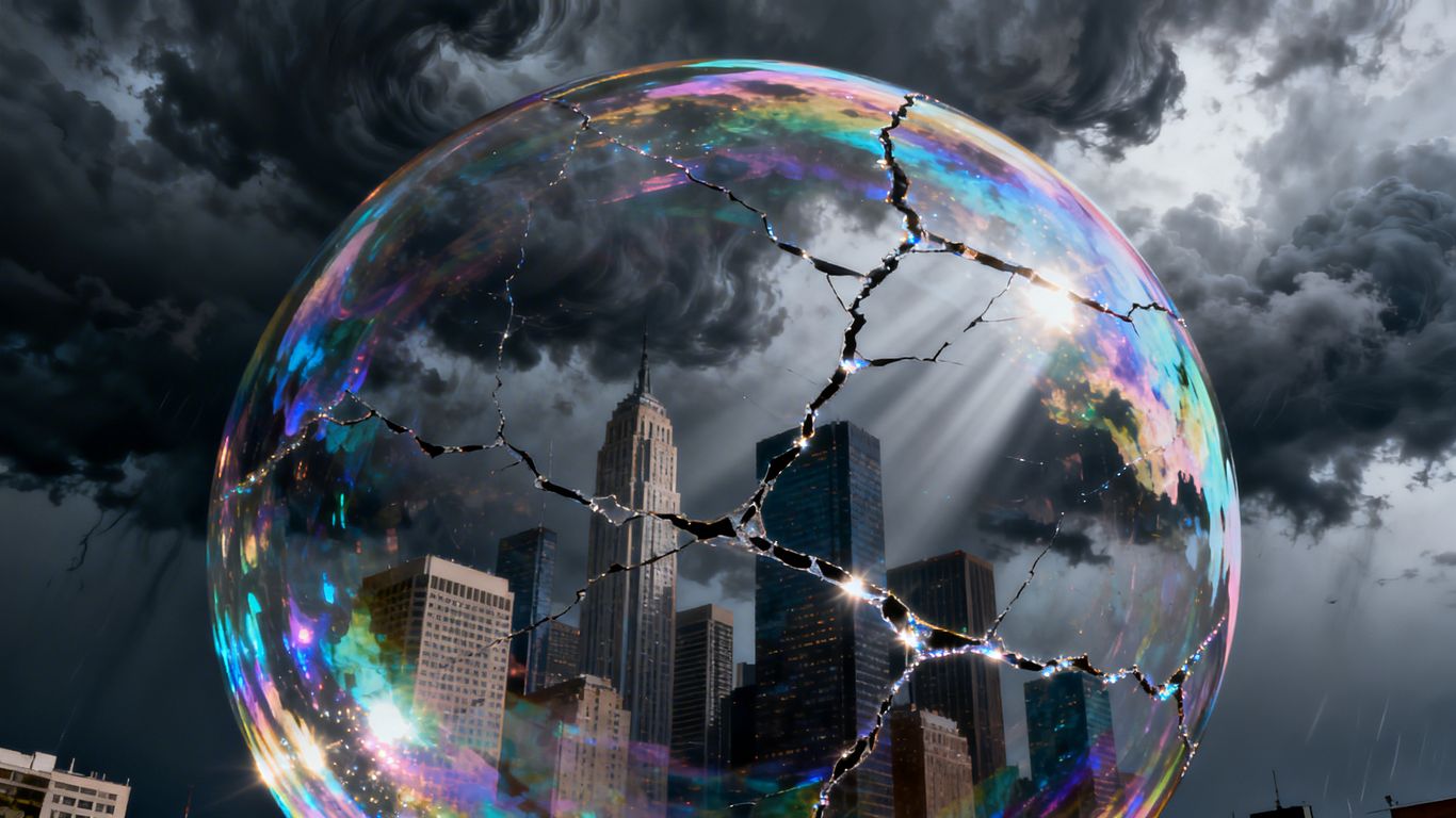 Bursting AI bubble over a city.