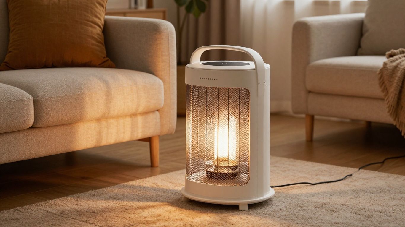 Modern portable space heater in a cozy living room.