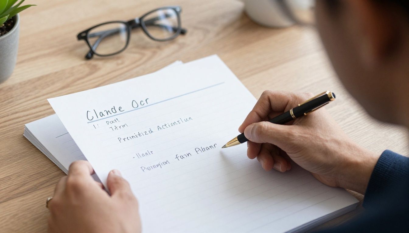 A diverse entrepreneur at a clean desk transforms a crowded handwritten task list into a simple prioritized action plan, with a calm focused atmosphere and no readable text