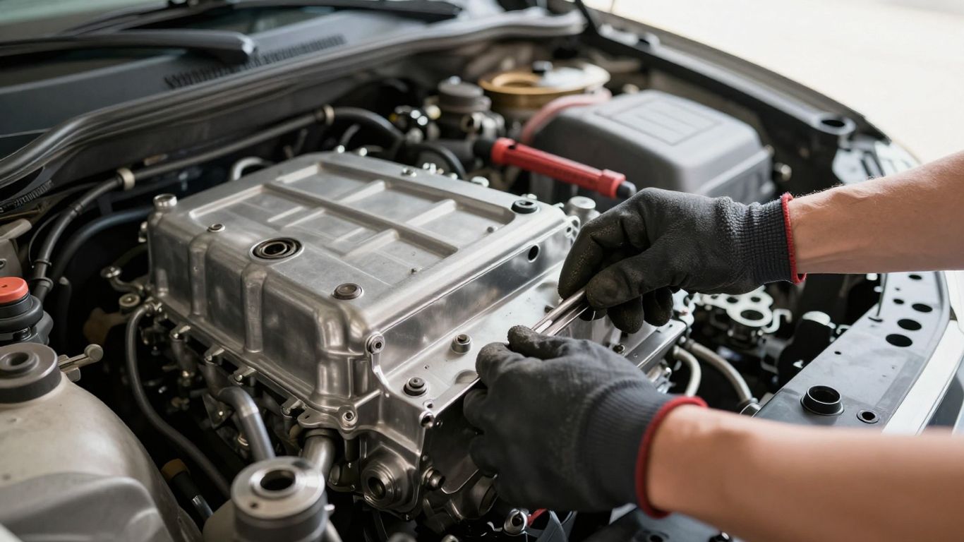 Mechanic inspecting a car engine in a garage.