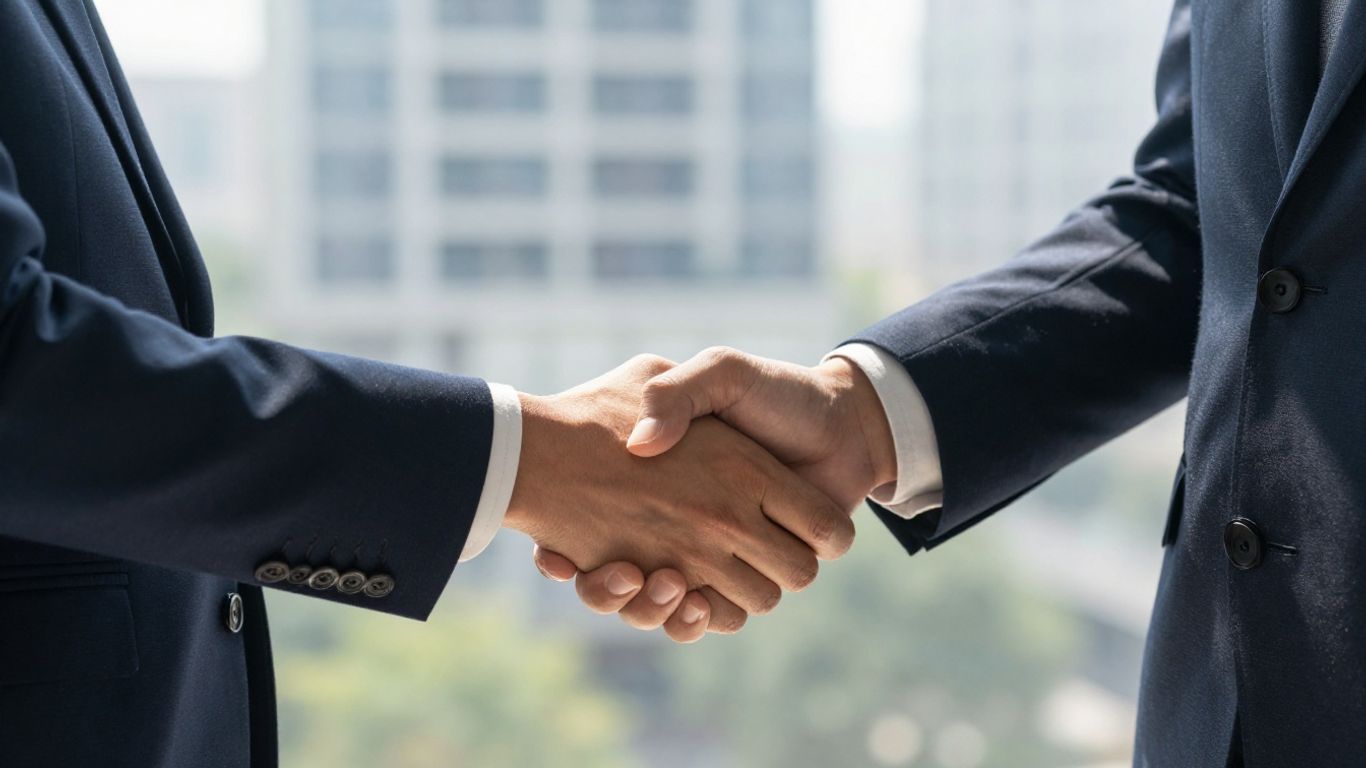 Business handshake with office buildings in background.