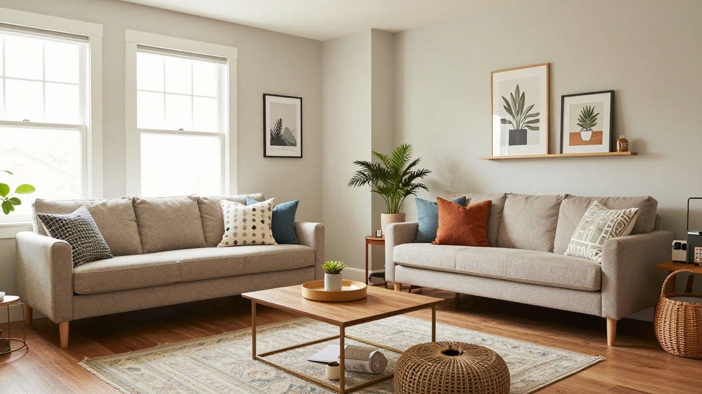 Staged and Airbnb-furnished living rooms side by side