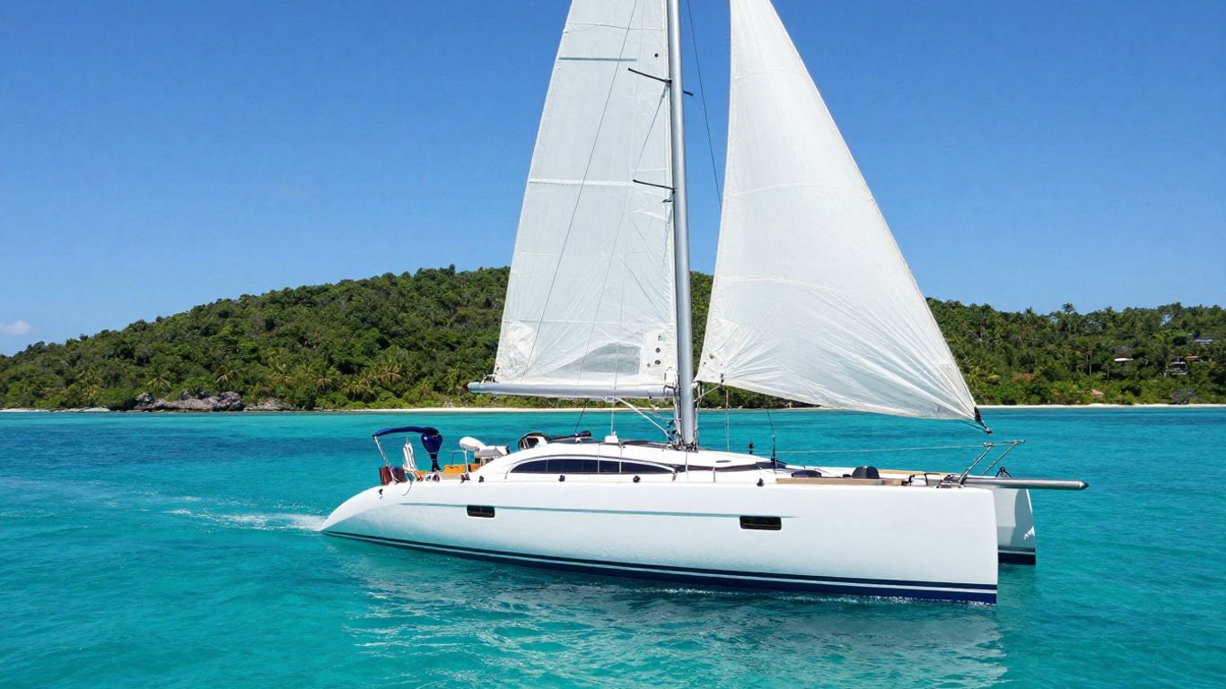Catamaran sailing on clear blue ocean near island.