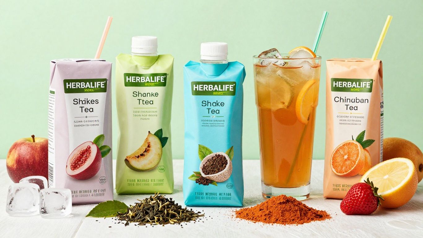Herbalife shake and tea flavors with fruits and ice.