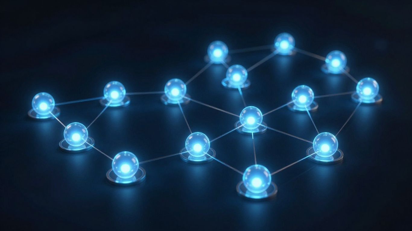 Interconnected digital blocks forming a decentralized blockchain network.