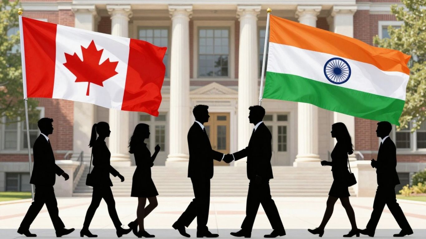 Canada and India flags, students, and handshake.