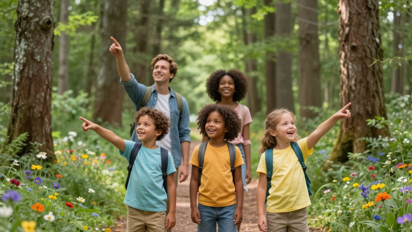 Kinderen genieten van een boswandeling in de natuur.