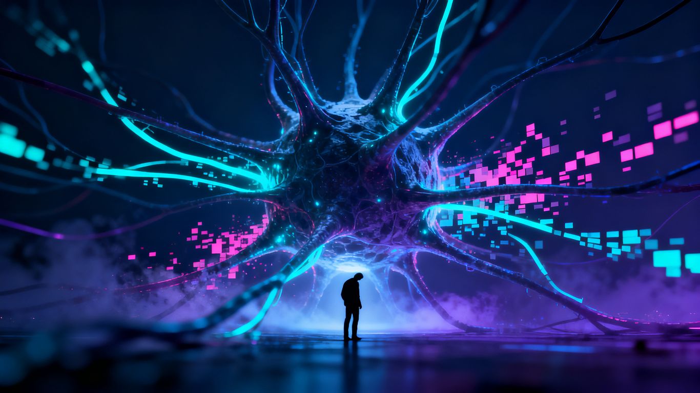 Abstract AI network with a shadowy human figure.