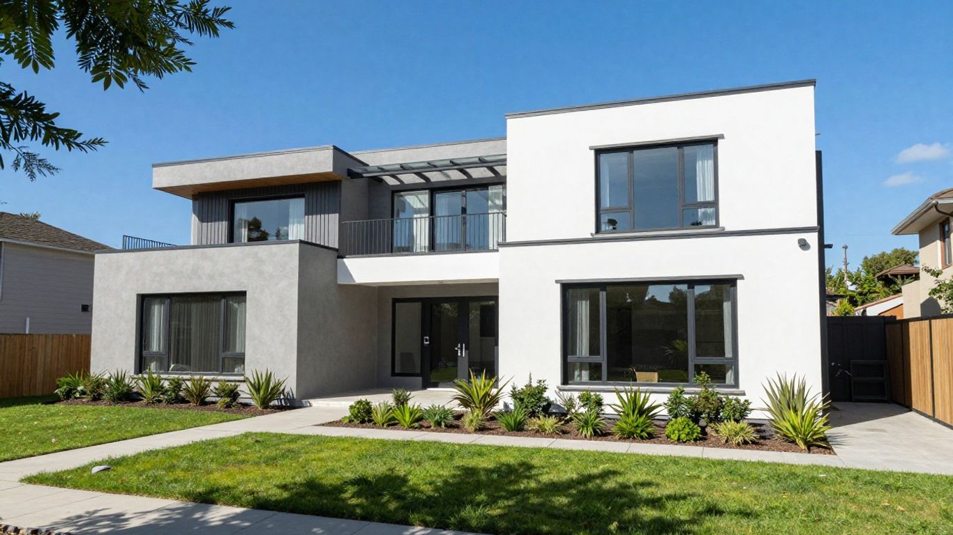 Modern home extension with green landscaping under blue sky.