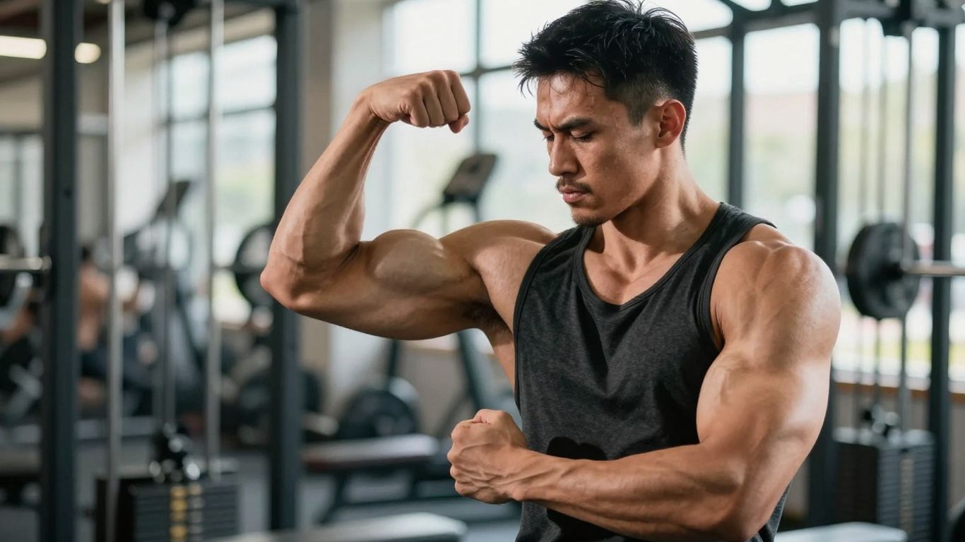 Muscular man flexing in a gym