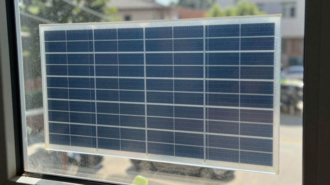 Transparent solar panel integrated into a window.