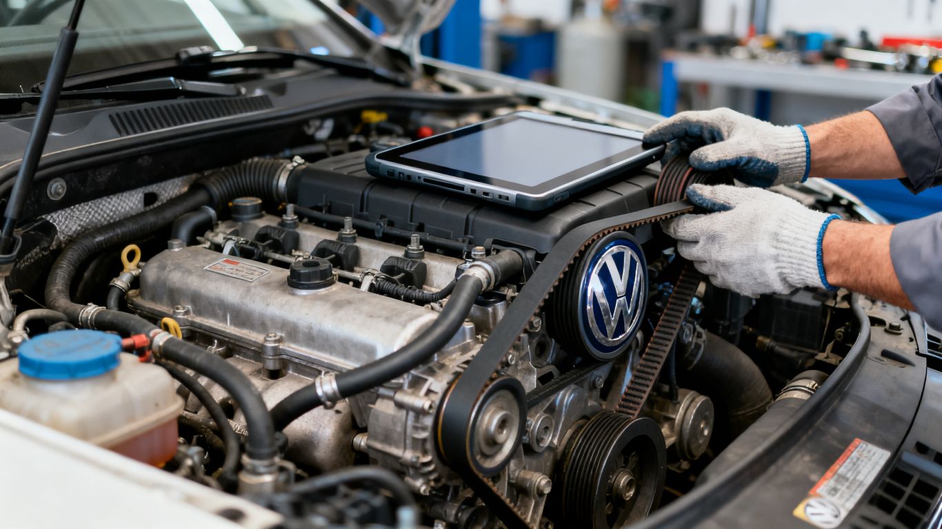 Motorraum eines gebrauchten VW Diesels bei Prüfung