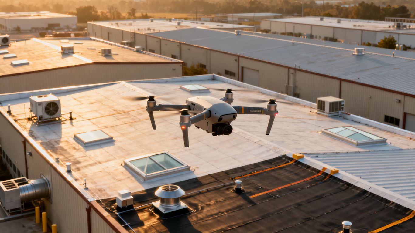 Inspection drone above industrial warehouse