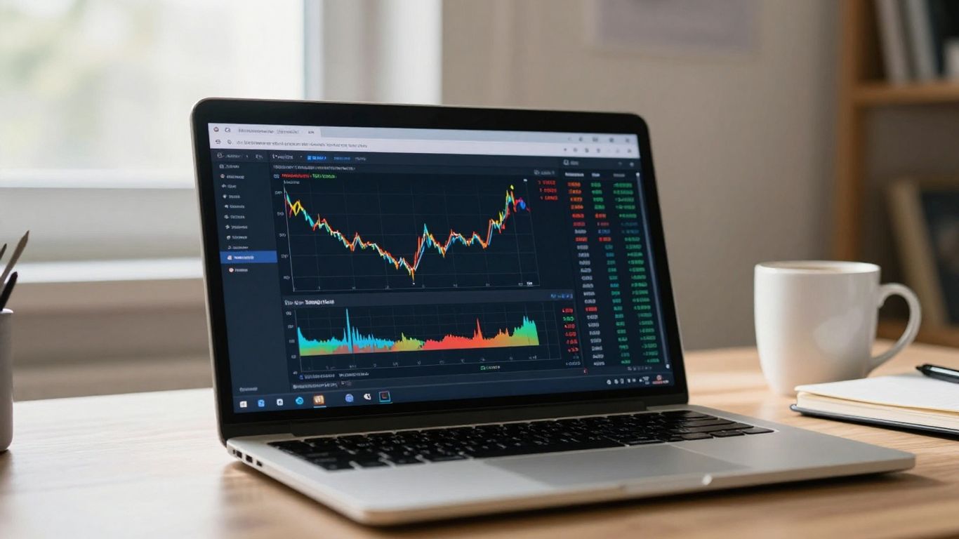 TradingView charts on a laptop screen.