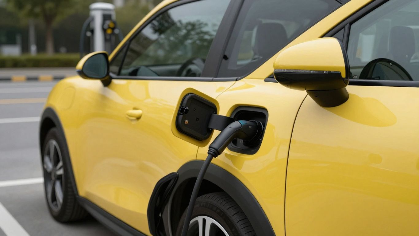 Yellow GWM Ora EV charging at a station.