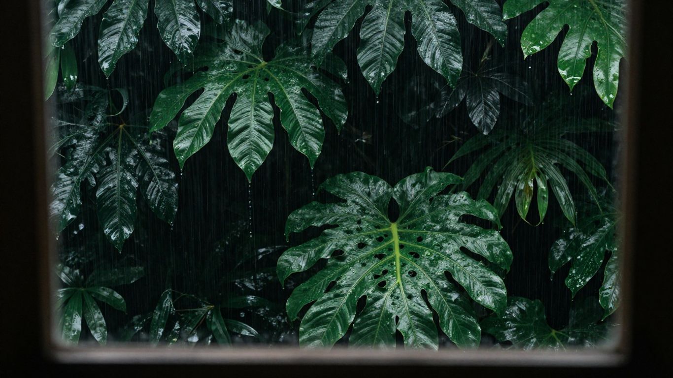 Heavy rainfall hitting tropical tropical foliage