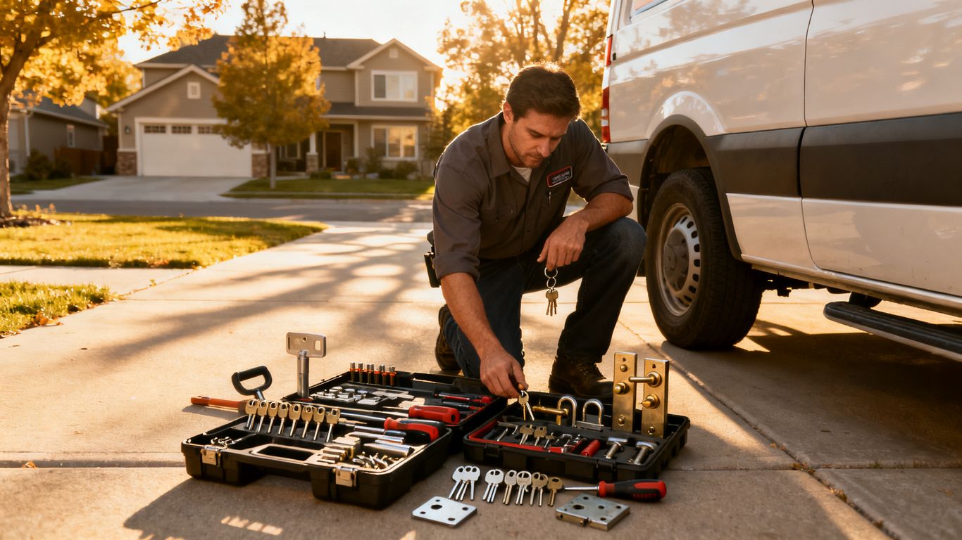Technician preparing mobile locksmith tools