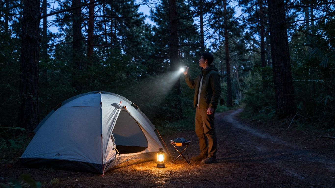 Camper using flashlight beside tent at dusk