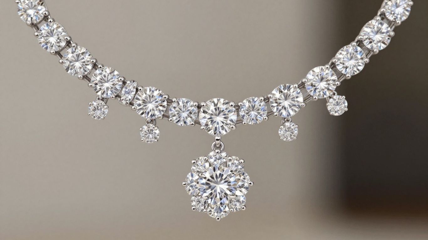 Sparkling diamond necklace and earrings, elegant jewellery.