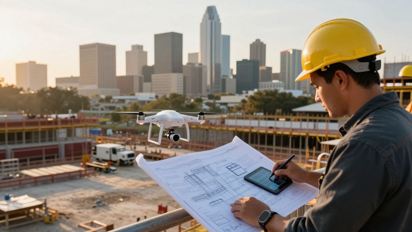 Dallas construction site with drone and BIM models.