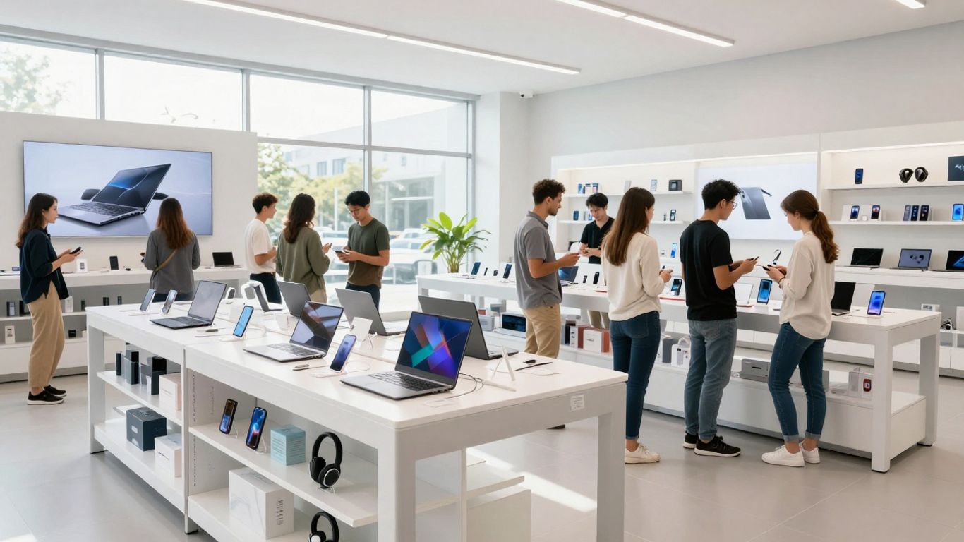 Modern technology store interior with shoppers and electronic devices.