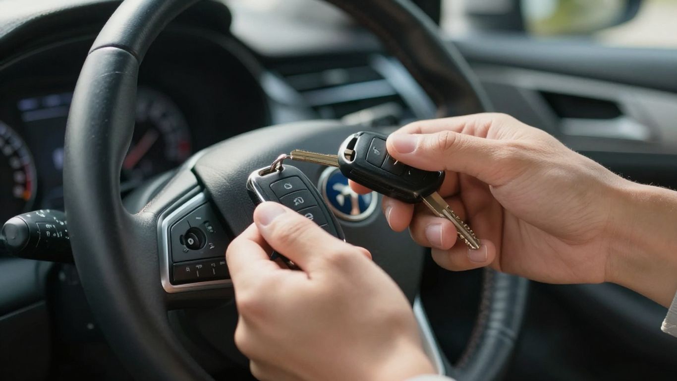Hands holding car keys with car interior background.