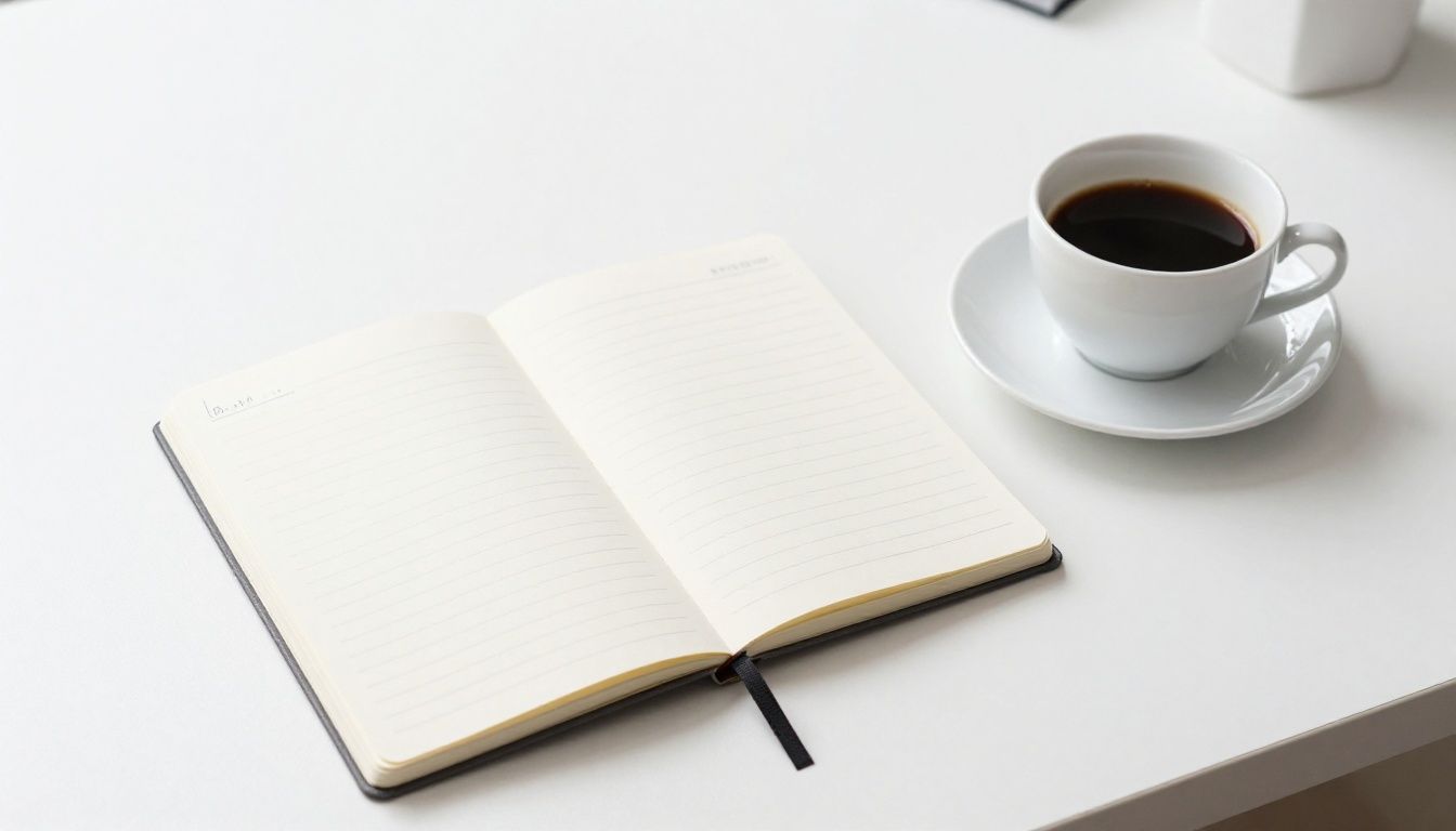 A clean, well-lit minimalist desk area with a closed notebook and a cup of coffee, symbolizing focus and intentionality in a busy modern professional's life.