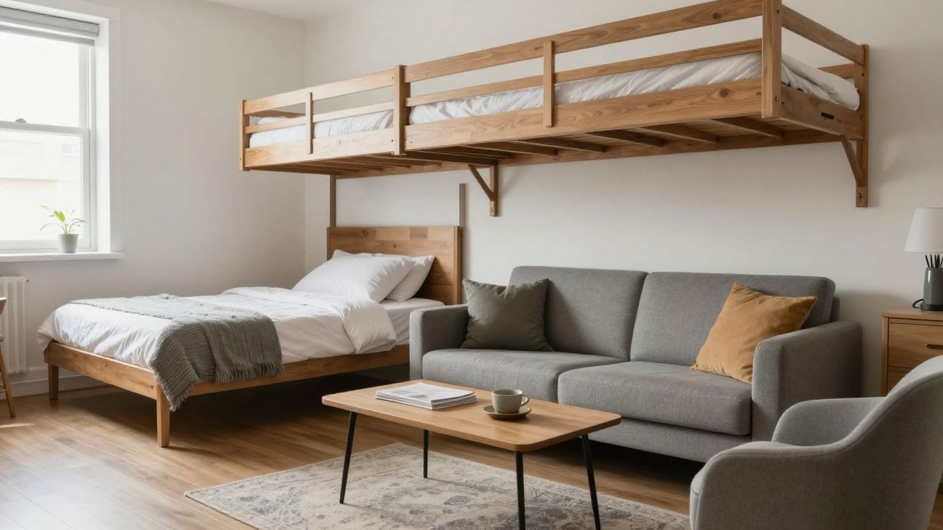 Small studio apartment with murphy bed and sofa.