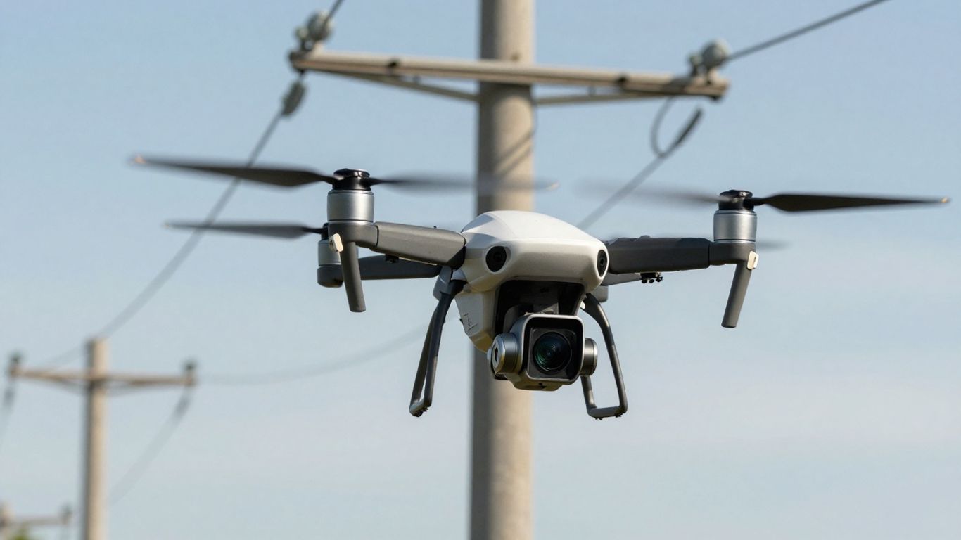 Drone monitoring utility infrastructure from above.
