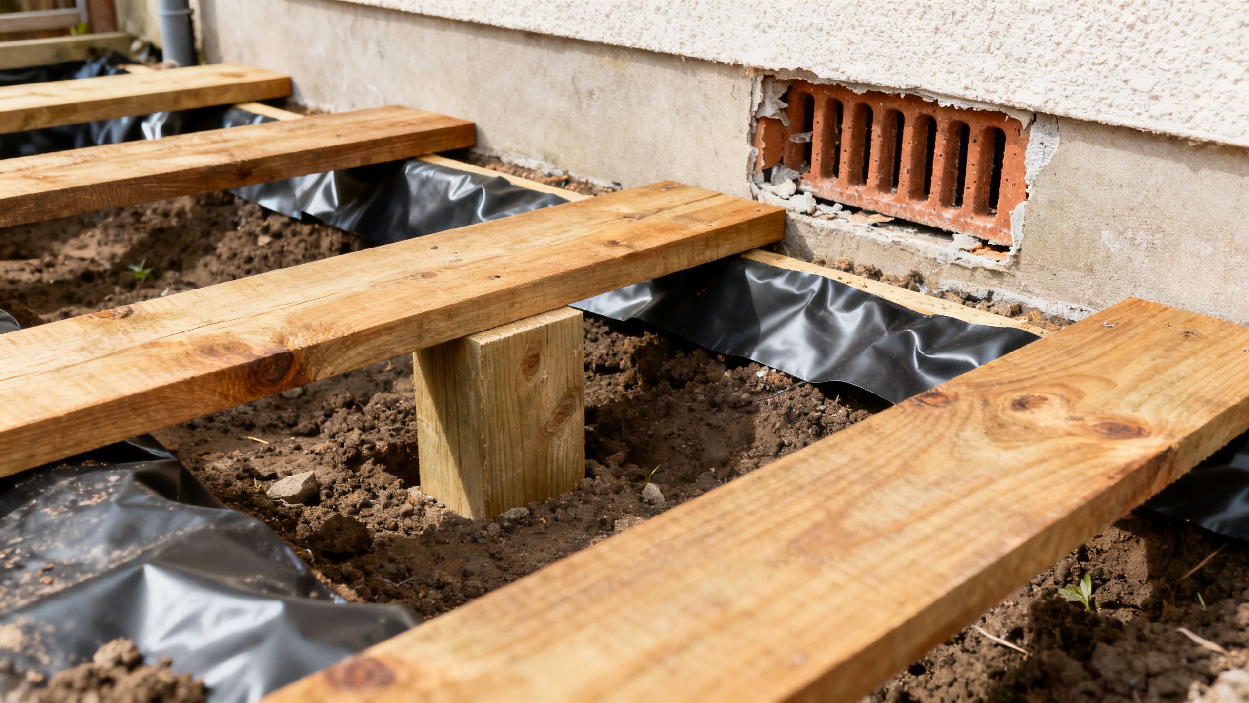Subfloor repair in progress, showing replacement treated timber, new sleeper support, reopened airbrick and DPM over the exposed earth