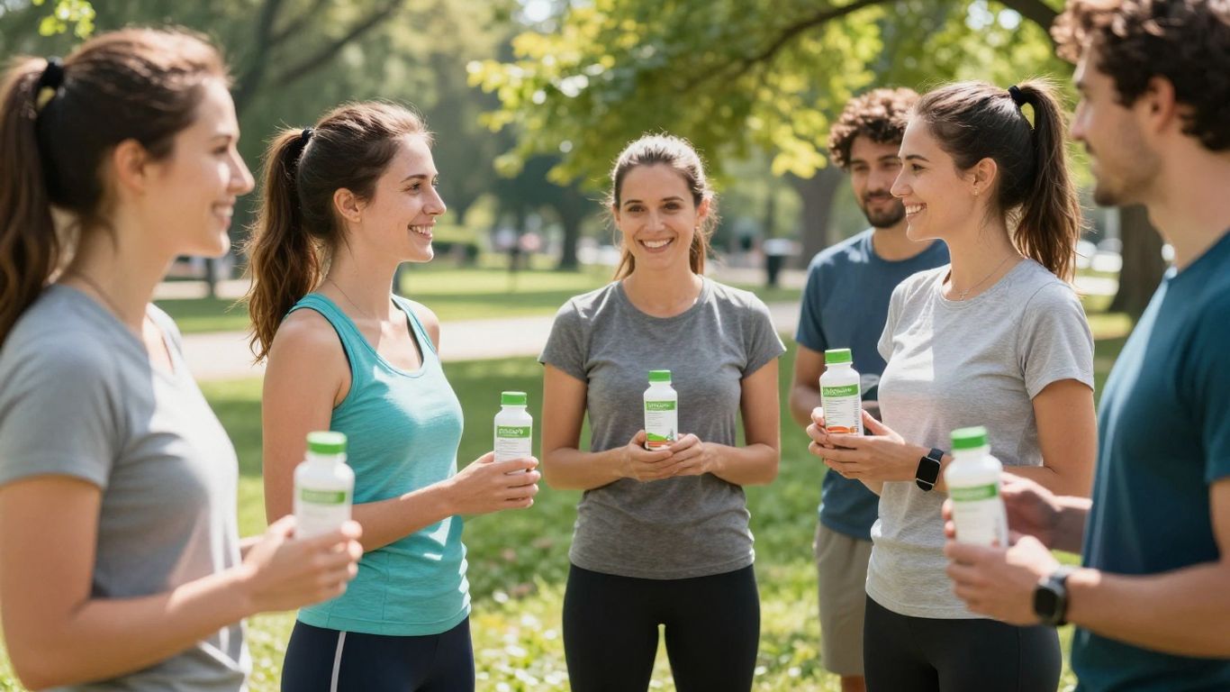 Herbalife distributors interacting and holding products outdoors.