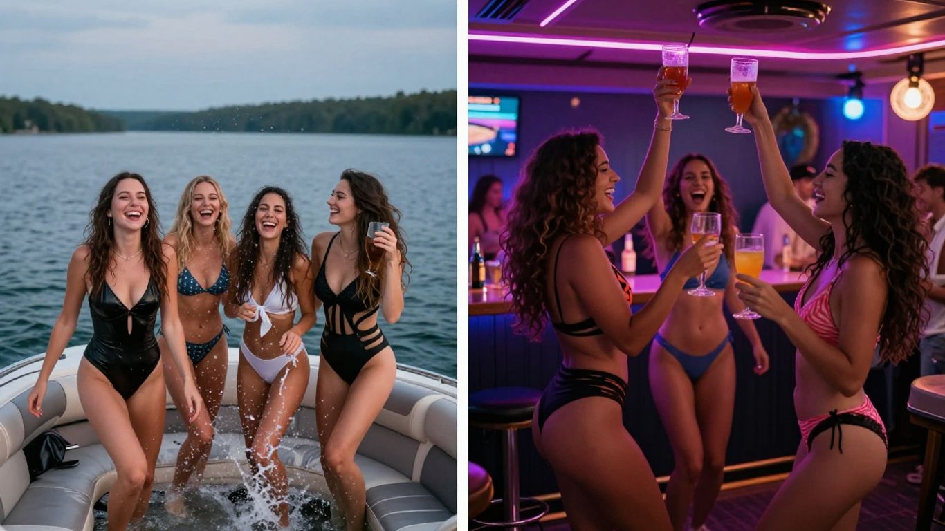 Bachelorette party on a boat and dancing at a bar.