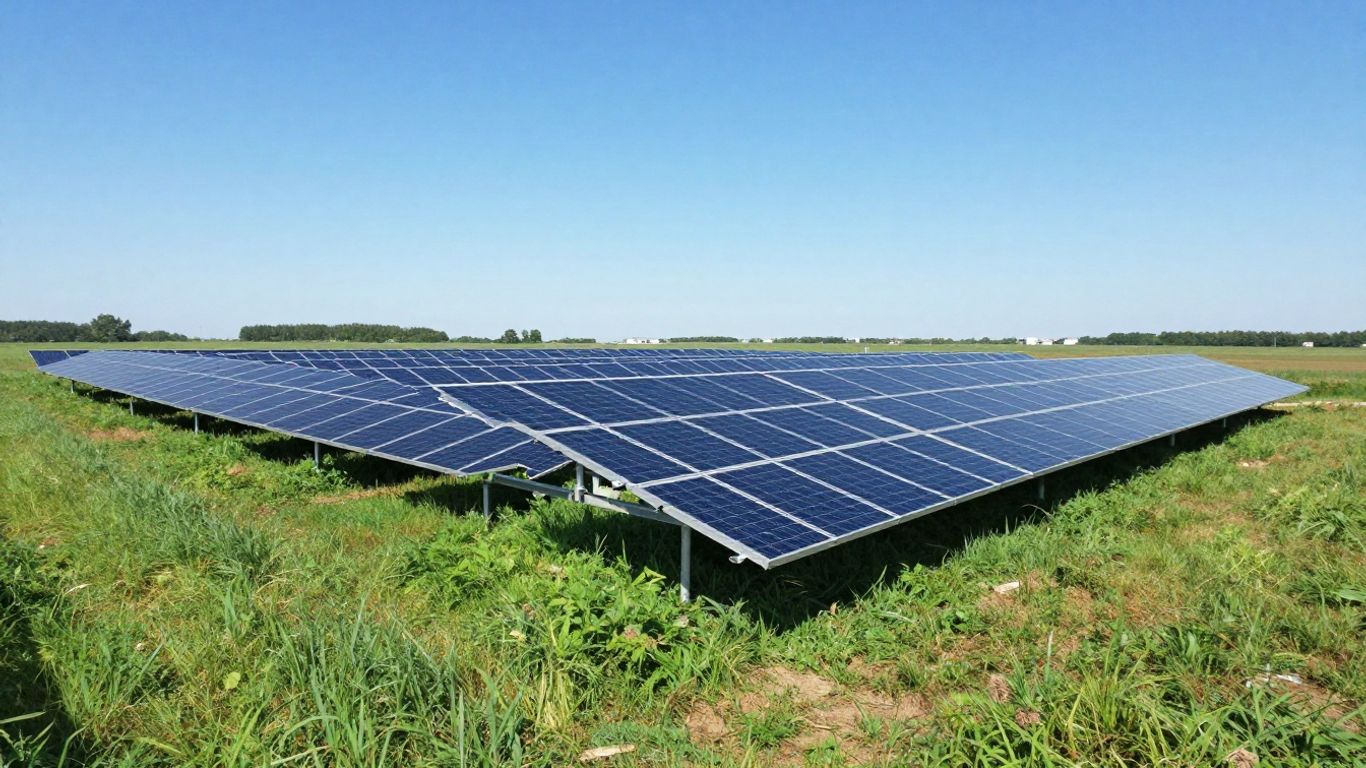 Painéis solares no solo em um campo verdejante.