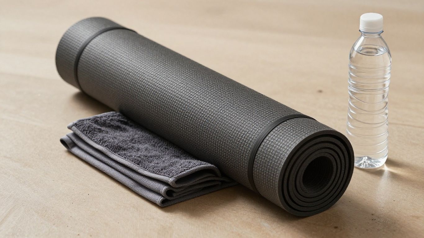 Budget-friendly yoga mat beside towel and water bottle