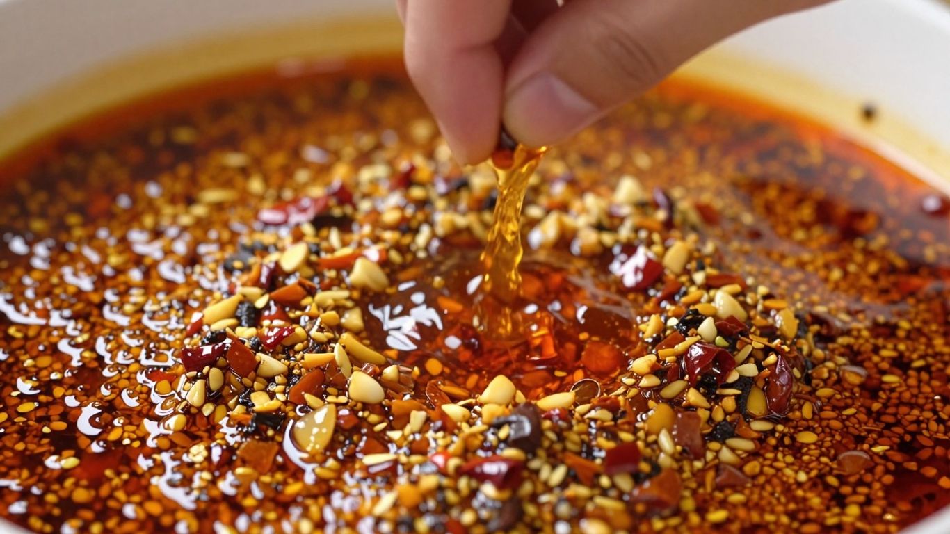 Glistening chili crunch oil with chili flakes and garlic.